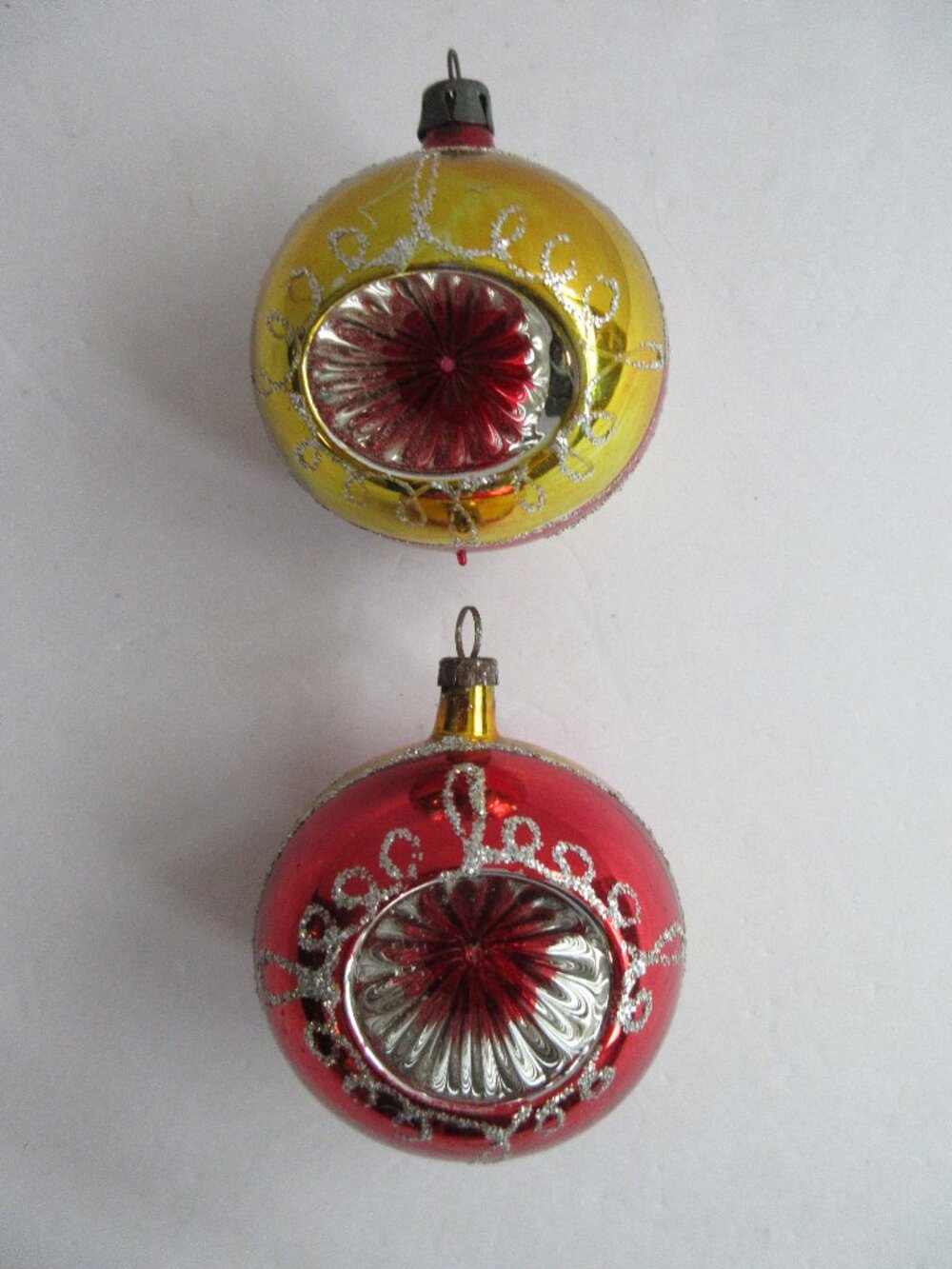 2 Polish Blown Glass Double Indent Christmas Ornament Poland Glitter Red Gold